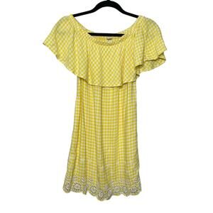Old Navy Shift Dress Plaid Off Shoulder Ruffle Eyelet Linen Yellow XS Country